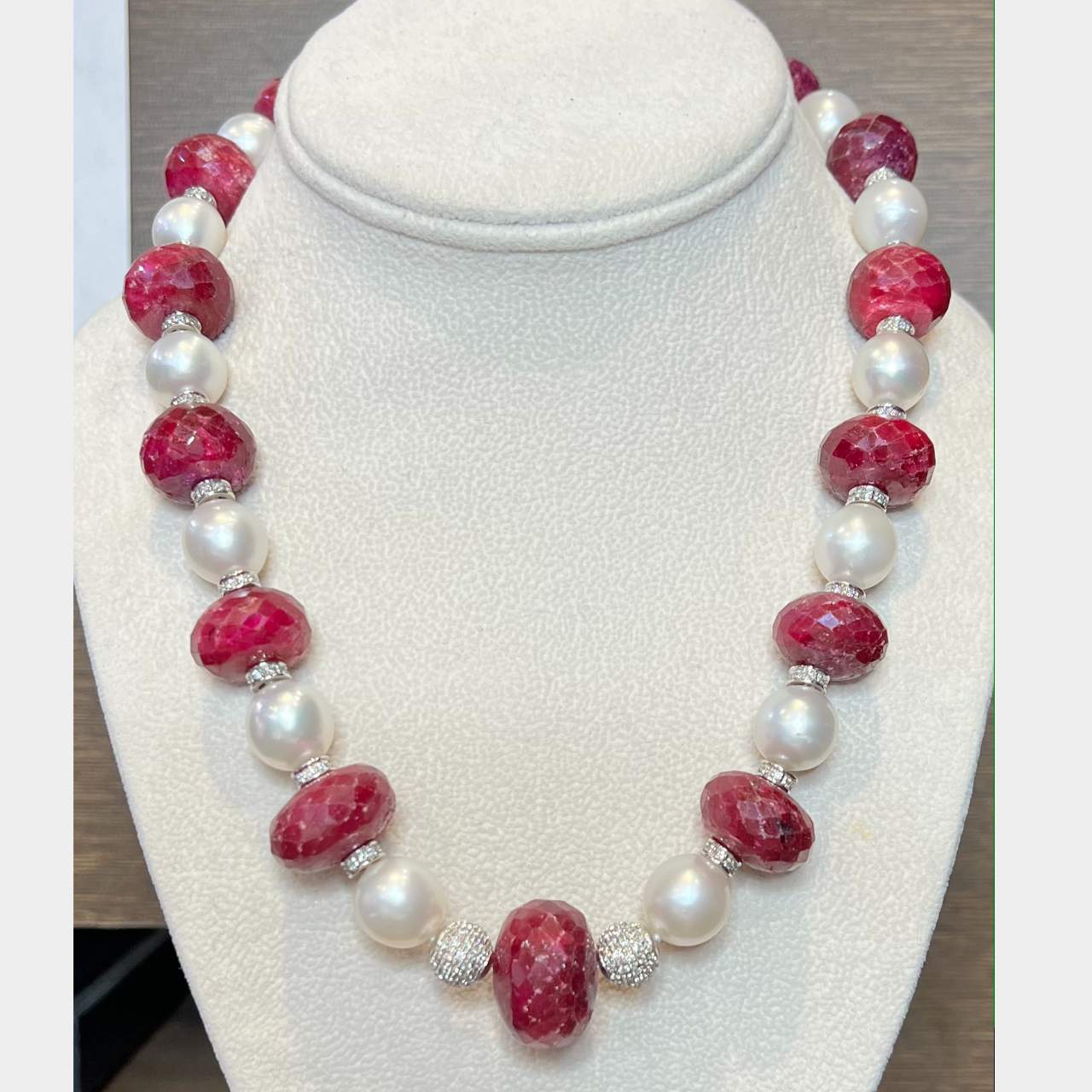 18K White Gold Ruby, Diamond, and South Sea Pearl Necklace
