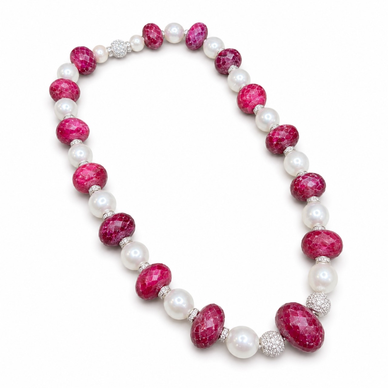 18K White Gold Ruby, Diamond, and South Sea Pearl Necklace