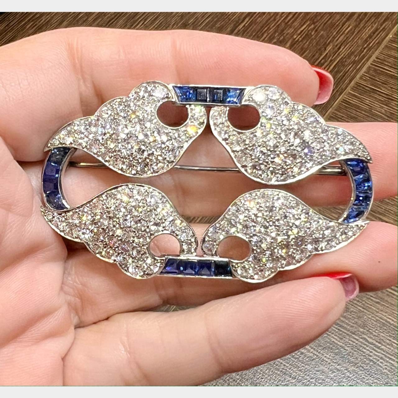 Art Deco Platinum Diamond & Sapphire Brooch