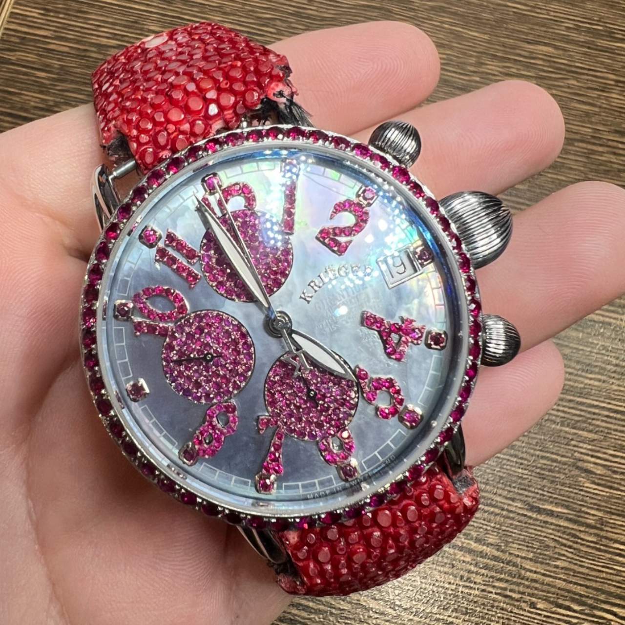 Krieger Gigantium Chronograph Stainless Steel Mother of Pearl and Ruby Limited Edition Watch