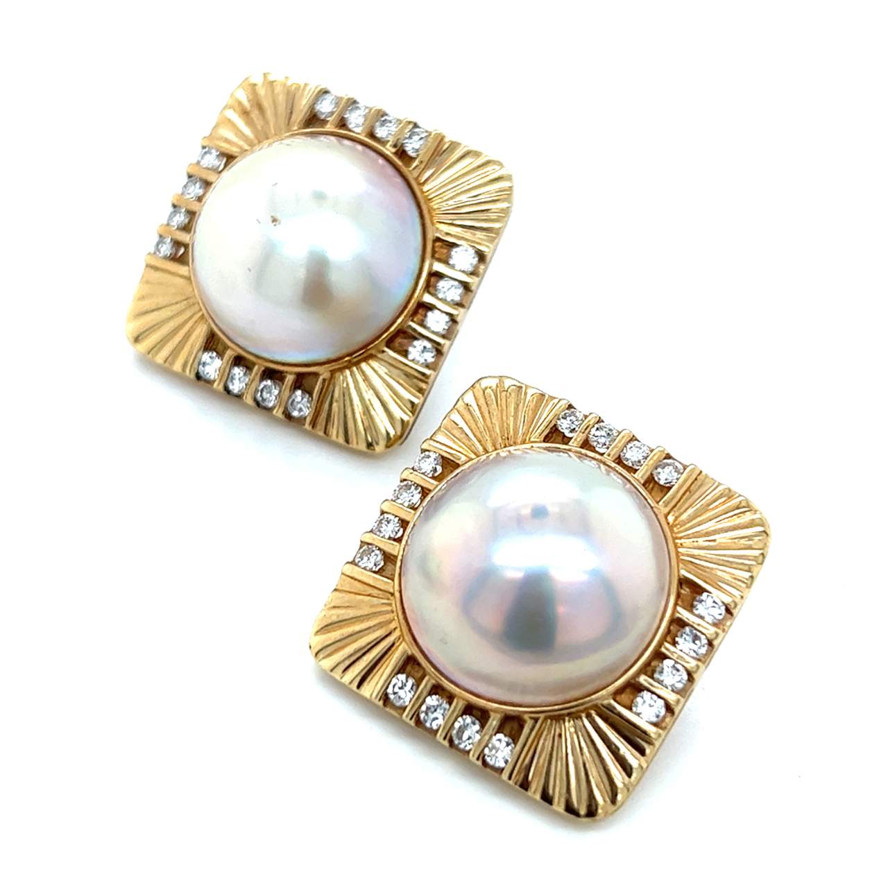14K Yellow Gold Mabe Pearl & Diamond Earrings