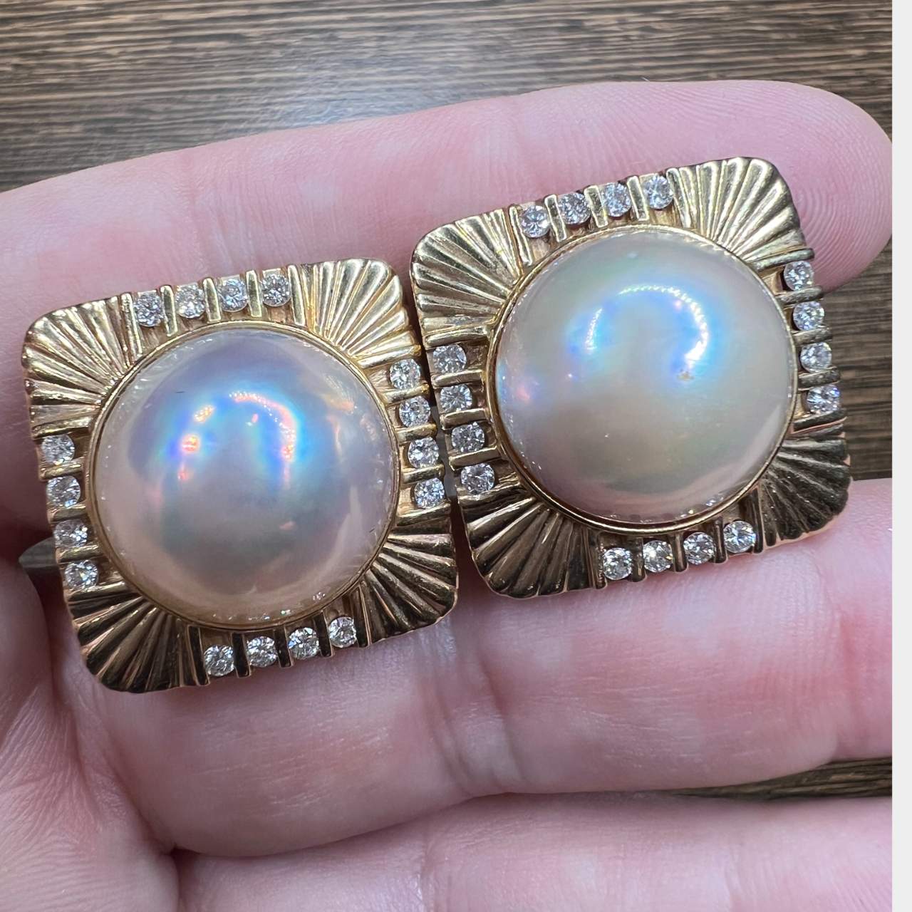 14K Yellow Gold Mabe Pearl & Diamond Earrings
