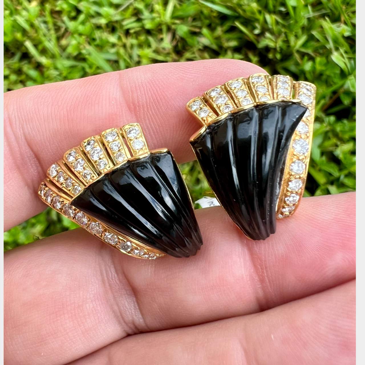 18K Yellow Gold Diamond & Onyx Earrings