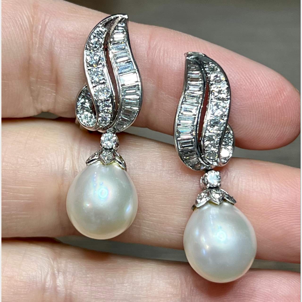 Art Deco Platinum 4.00 Ct. Diamond & South Sea Pearl Earrings