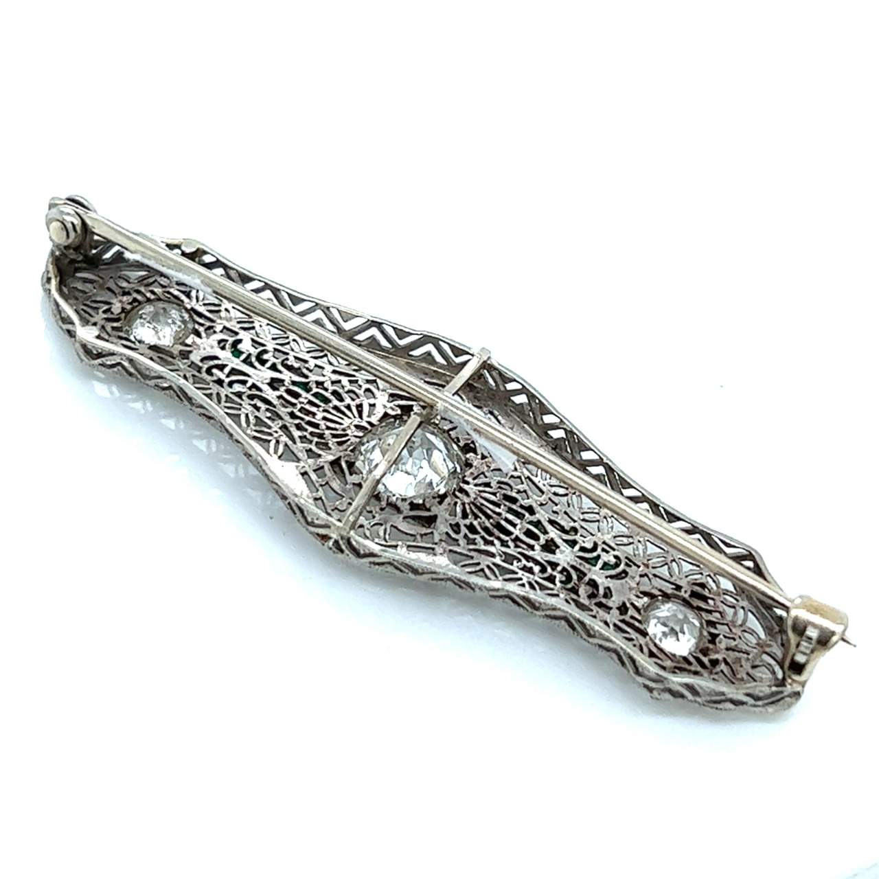 1950’s 14K White Gold Filigree Diamond & Emerald Brooch