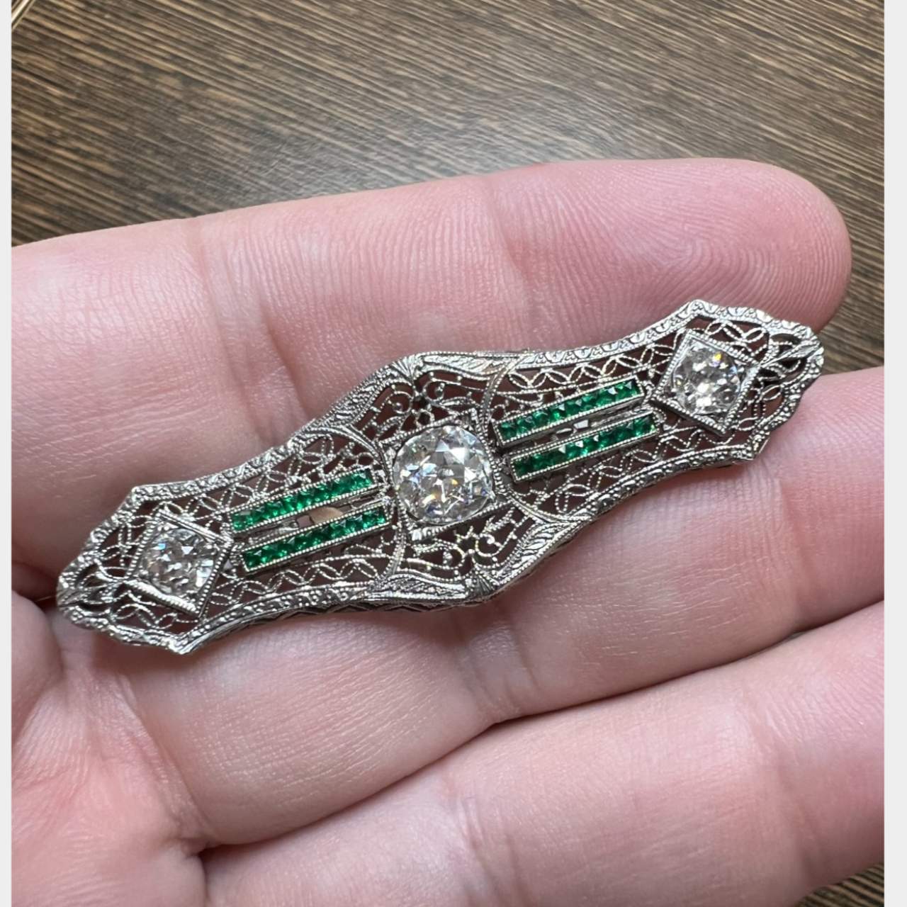 1950’s 14K White Gold Filigree Diamond & Emerald Brooch