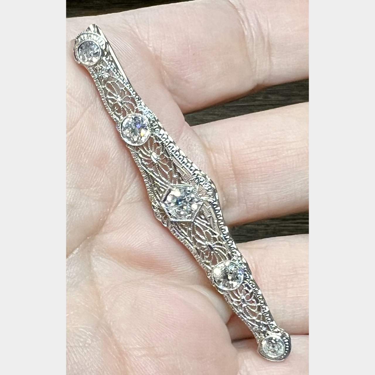 1950’s 14K White Gold Filigree Diamond Brooch