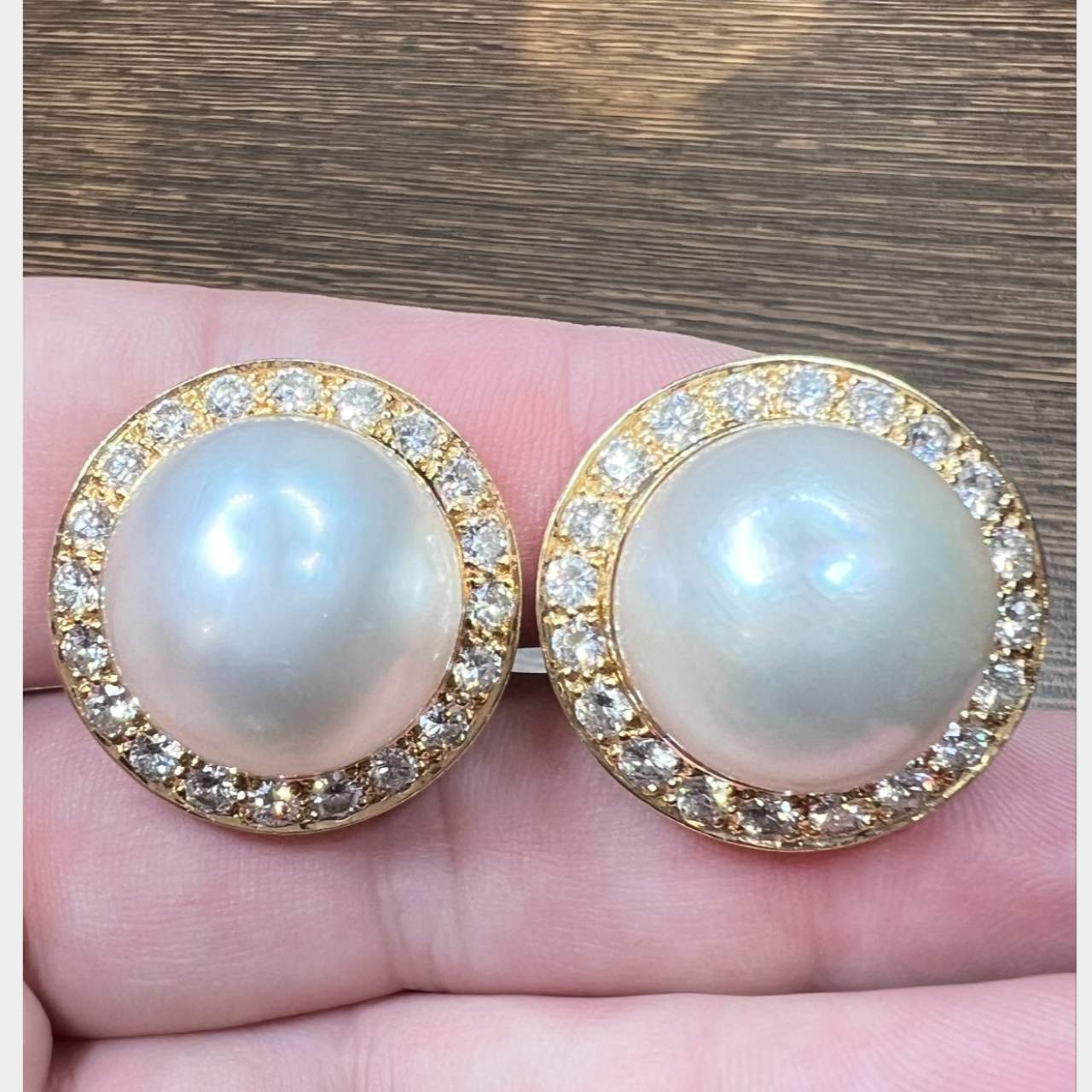 14K Yellow Gold Mabe Pearl & Diamond Earrings