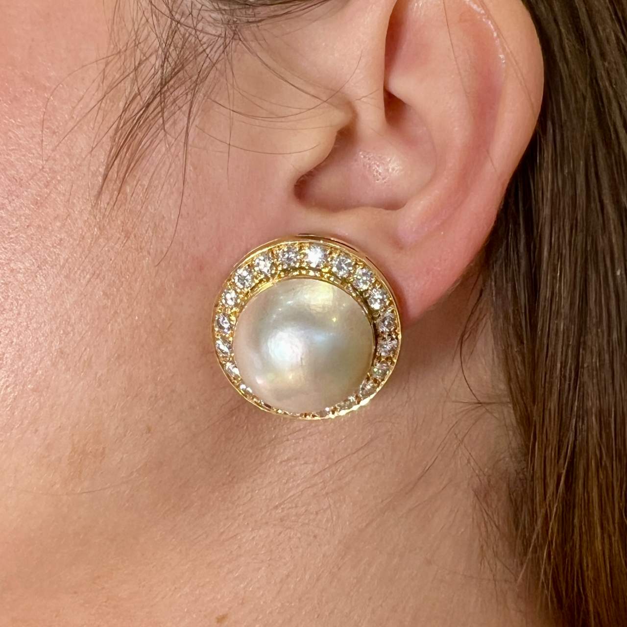 14K Yellow Gold Mabe Pearl & Diamond Earrings