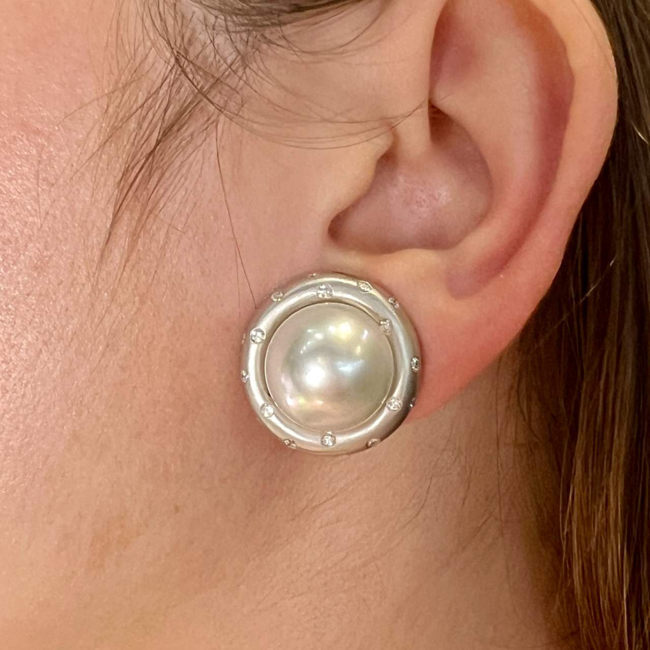 18K White Gold South Sea Pearl and Diamond Earrings, signed Yvel