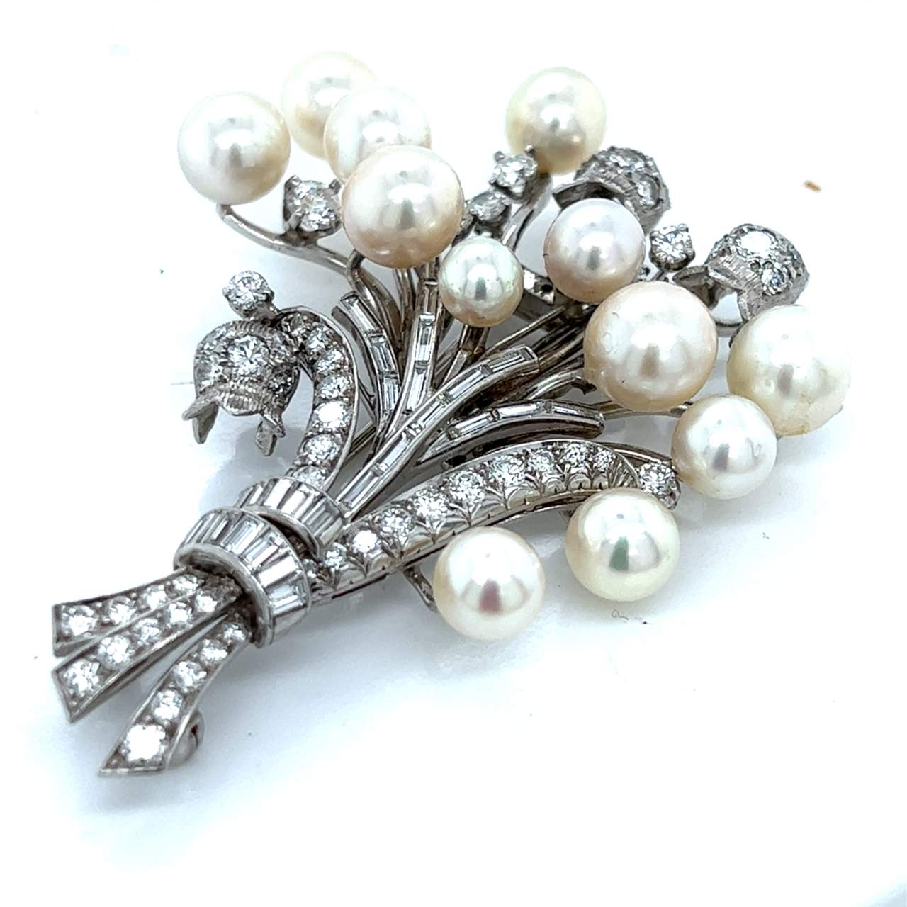 Platinum Pearl & Diamond Flower Bouquet Brooch