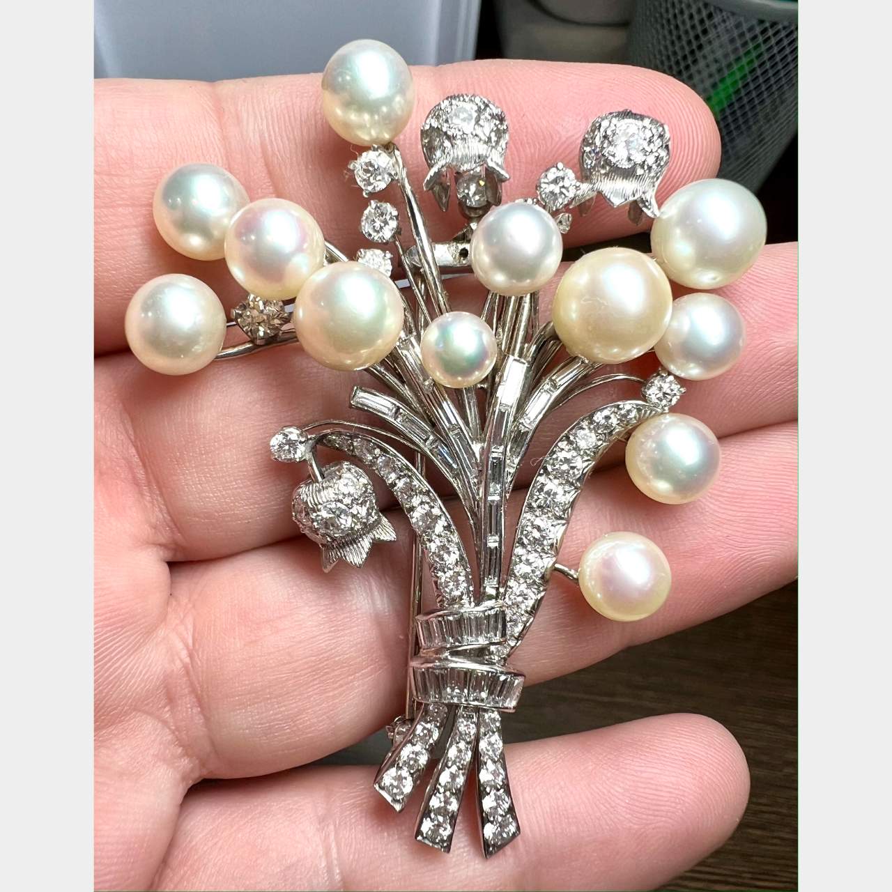 Platinum Pearl & Diamond Flower Bouquet Brooch