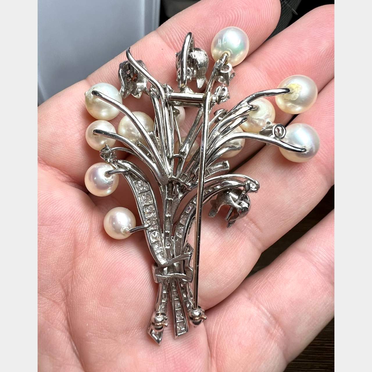 Platinum Pearl & Diamond Flower Bouquet Brooch