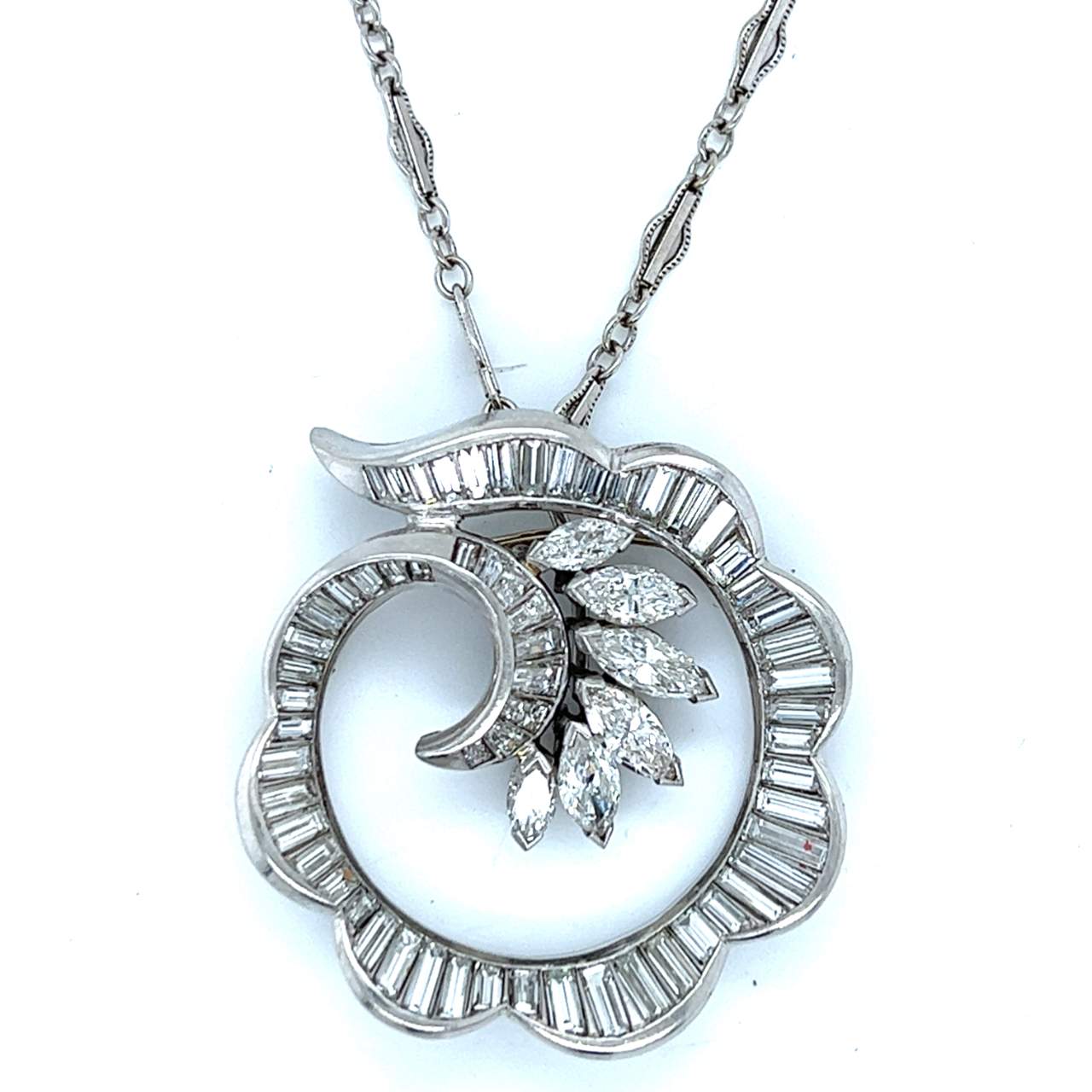 Art Deco Platinum 9.00 Ct. Diamond Pendant w/ 14K Chain