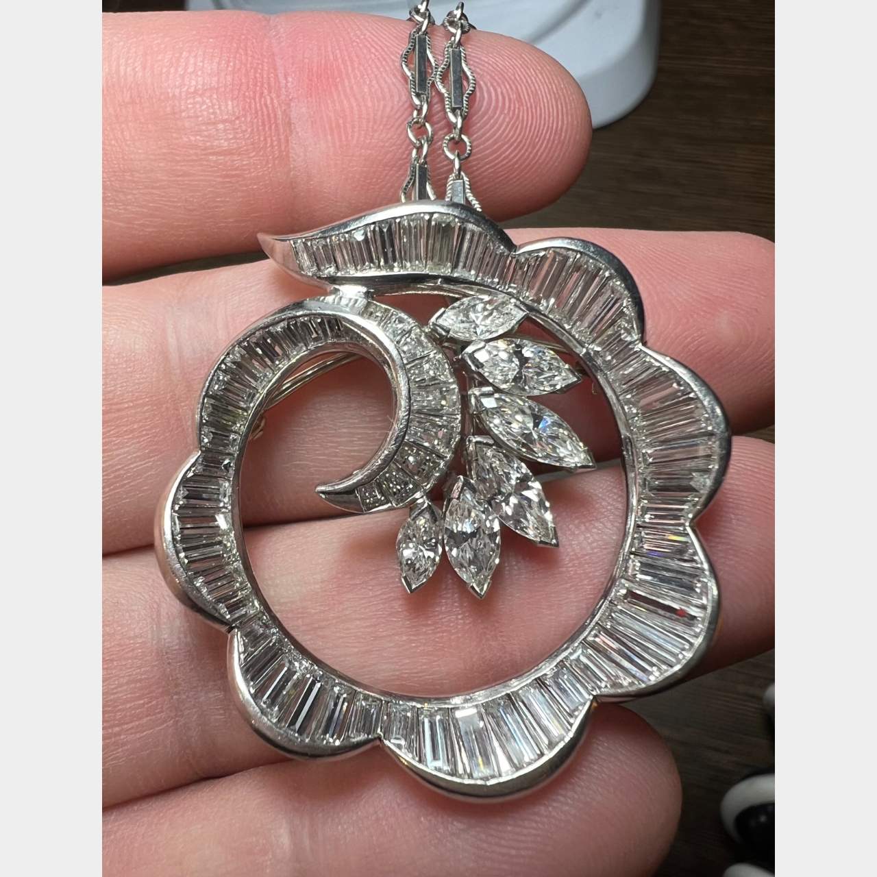 Art Deco Platinum 9.00 Ct. Diamond Pendant w/ 14K Chain