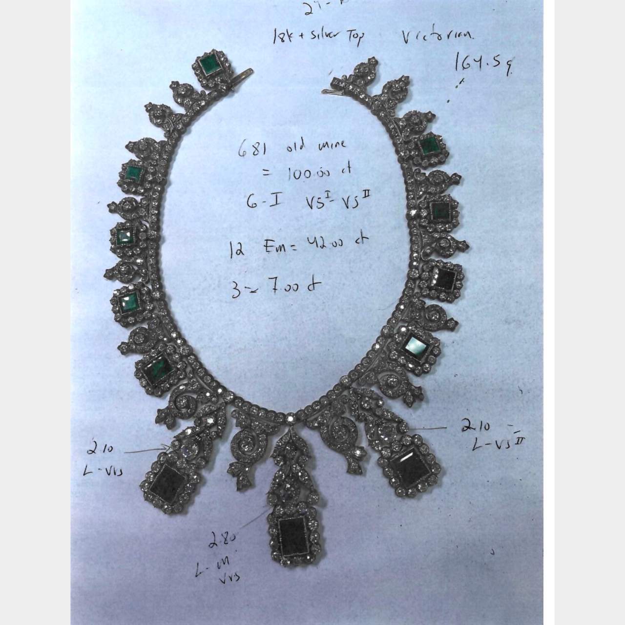 Victorian 18K & Silver Top Emerald and Diamond Necklace