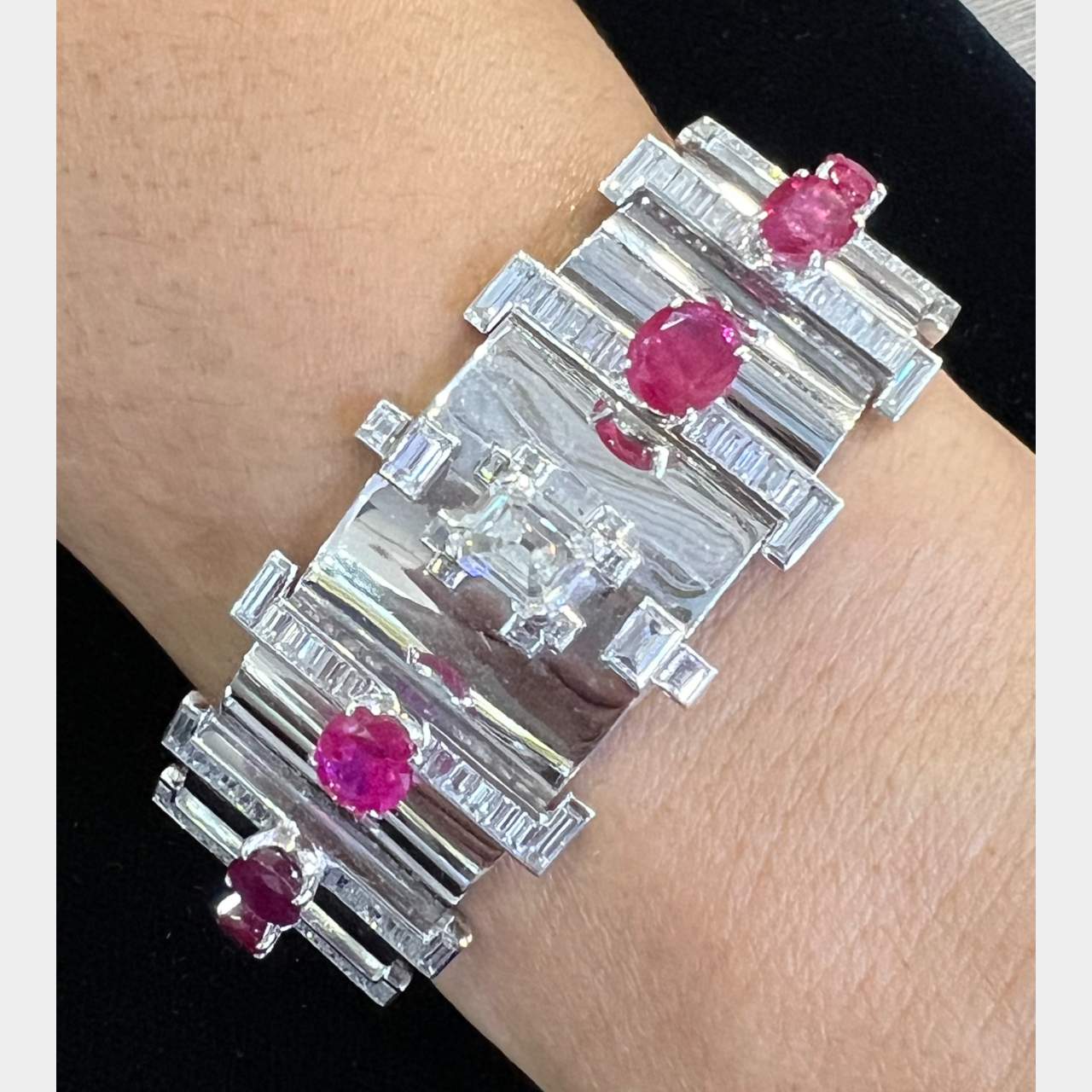 Retro 18K White Gold Diamond & Burma Ruby Bracelet