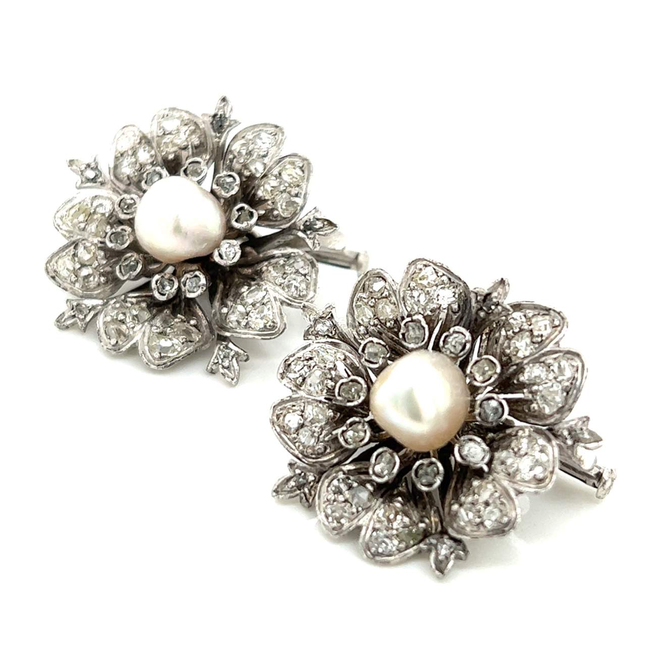 Victorian Platinum Natural Pearl & Diamond Flower Brooches