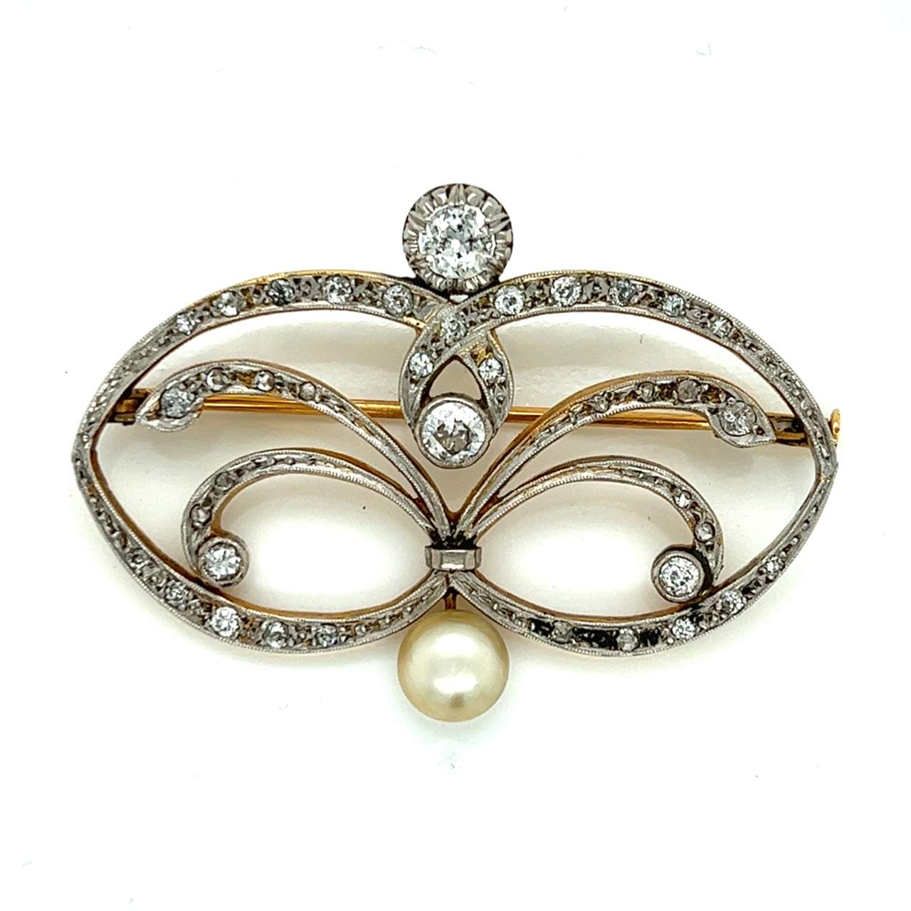 Victorian 18K Yellow Gold Natural Pearl & Diamond Brooch