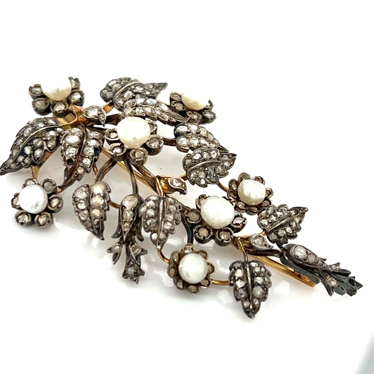 Victorian 18K & Silver Diamond and Natural Pearl Brooch
