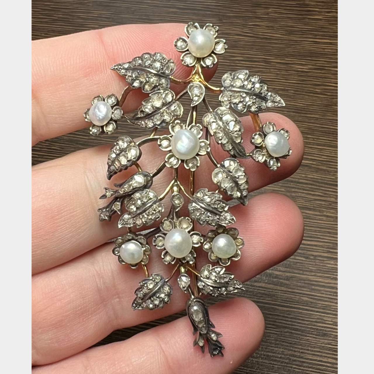 Victorian 18K & Silver Diamond and Natural Pearl Brooch