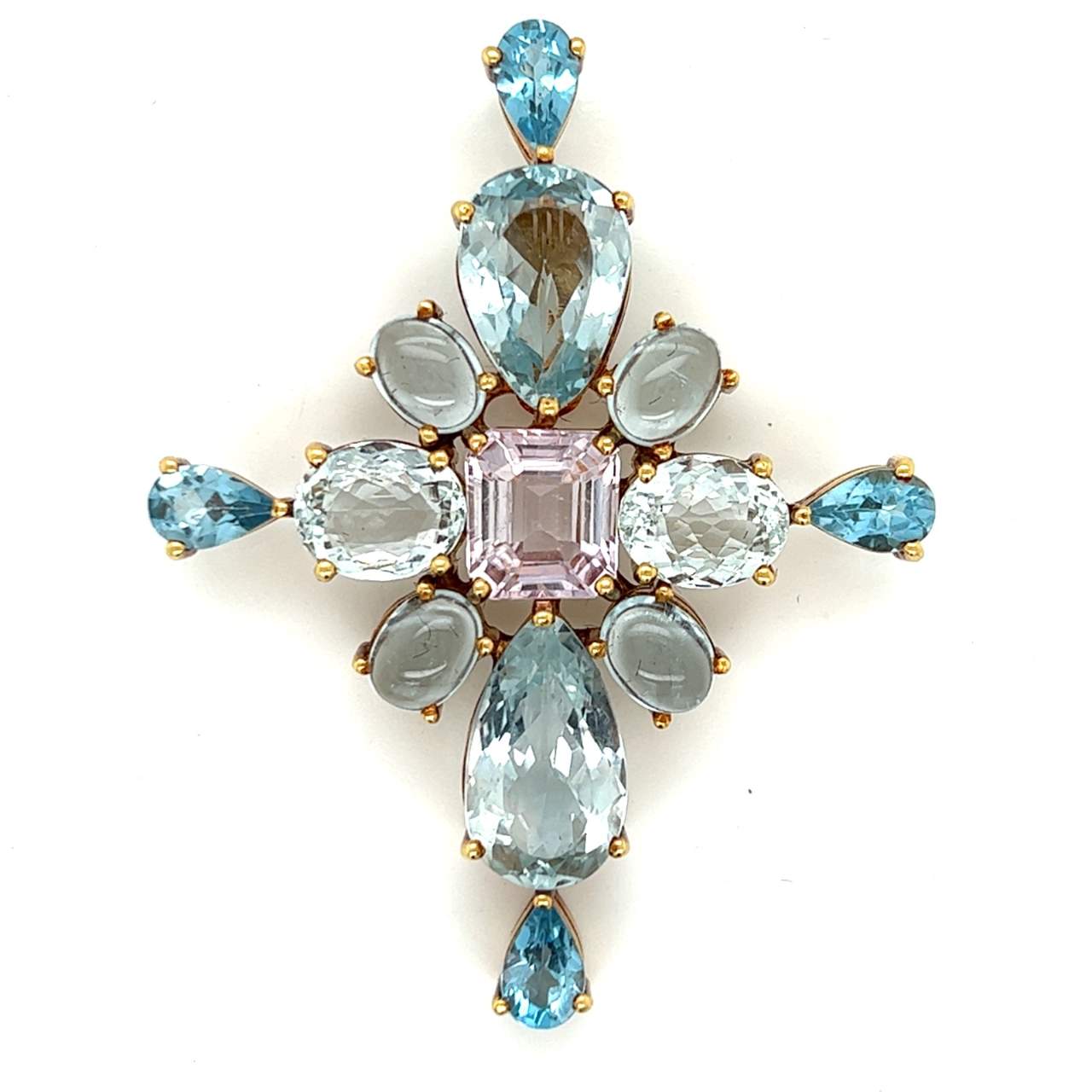 1960’s 18K Yellow Gold Aquamarine & Kunzite Pendant 1960’s 18K Yellow Gold Aquamarine & Kunzite Pendant