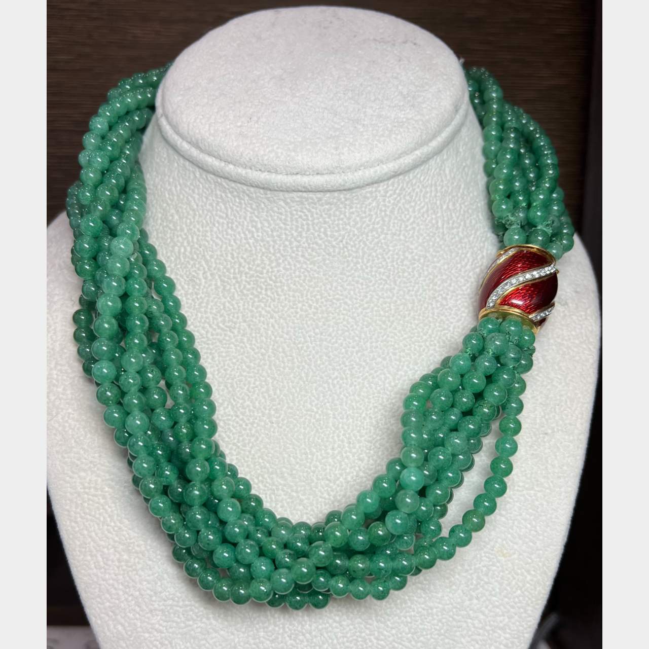 18K Yellow Gold Green Bead Diamond Necklace & Bracelet Set