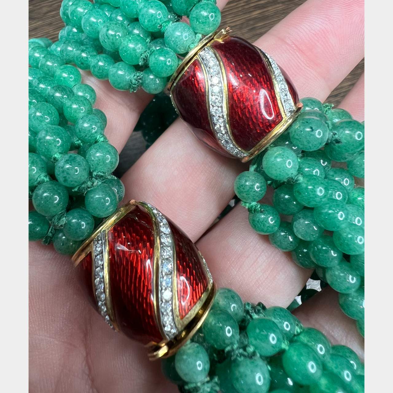 18K Yellow Gold Green Bead Diamond Necklace & Bracelet Set