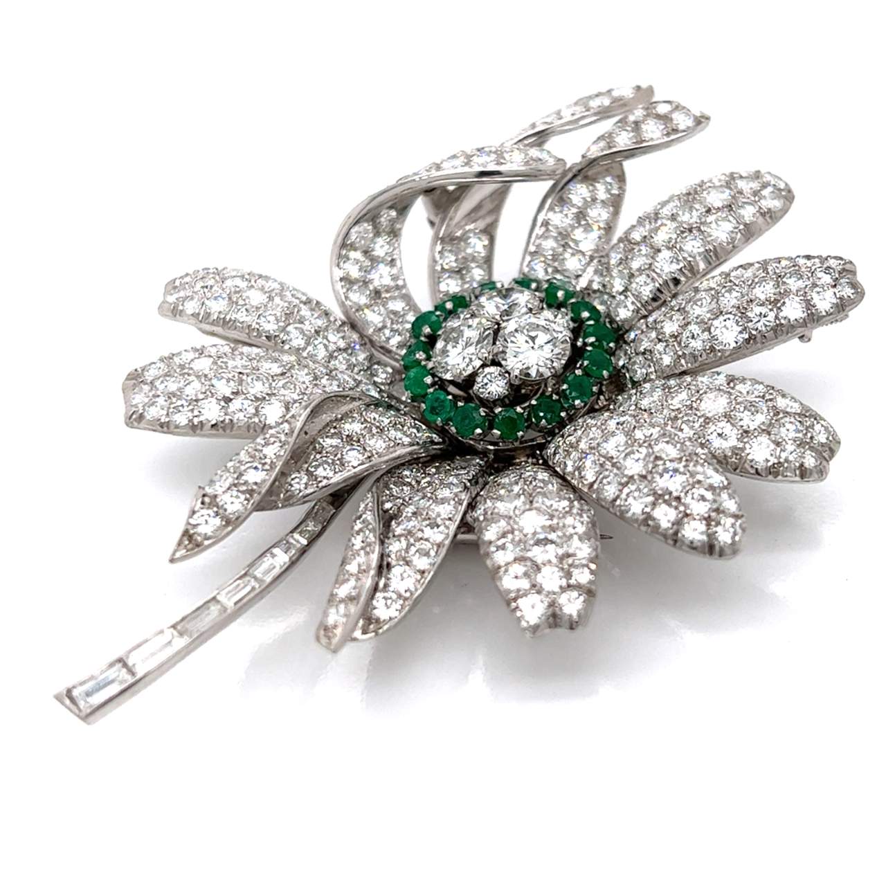 Platinum Diamond & Emerald Flower Brooch