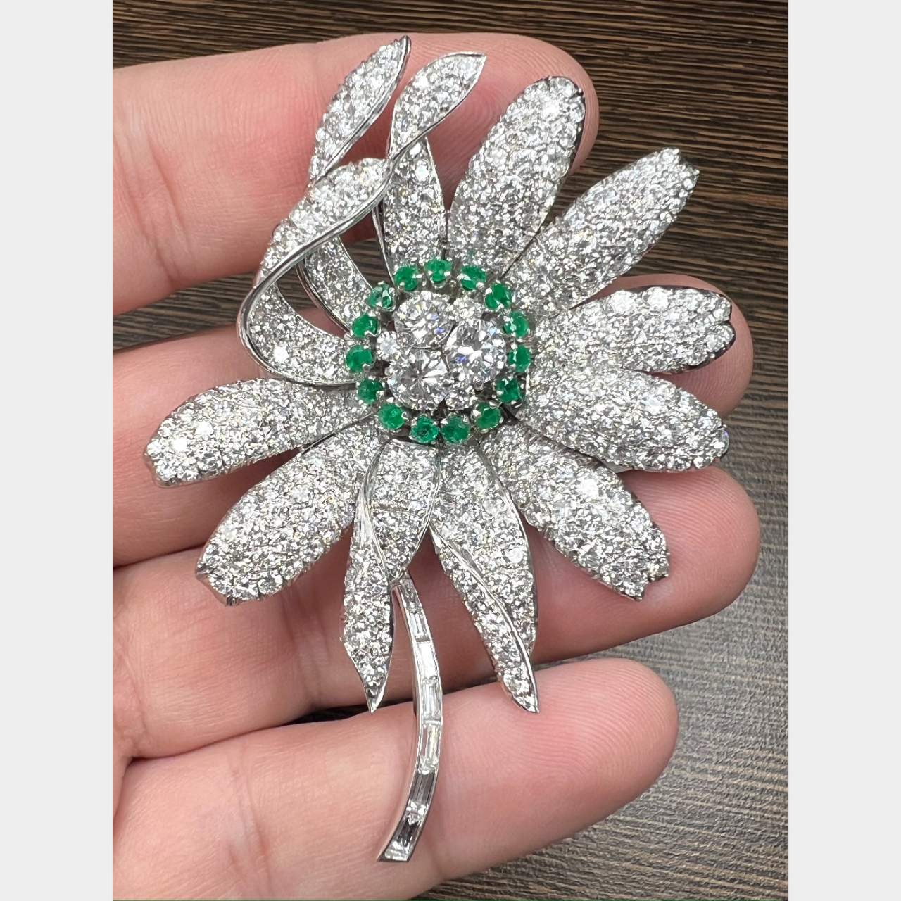 Platinum Diamond & Emerald Flower Brooch