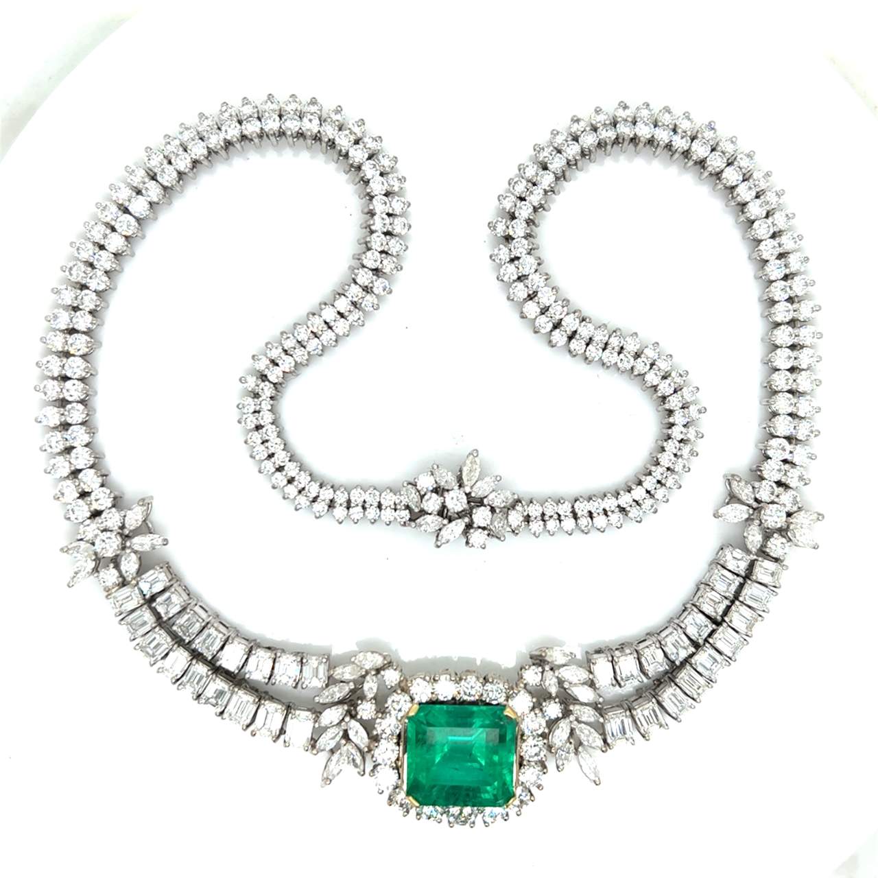 1950’s 18K White Gold Gubelin Certified Colombian Emerald & Diamond Necklace