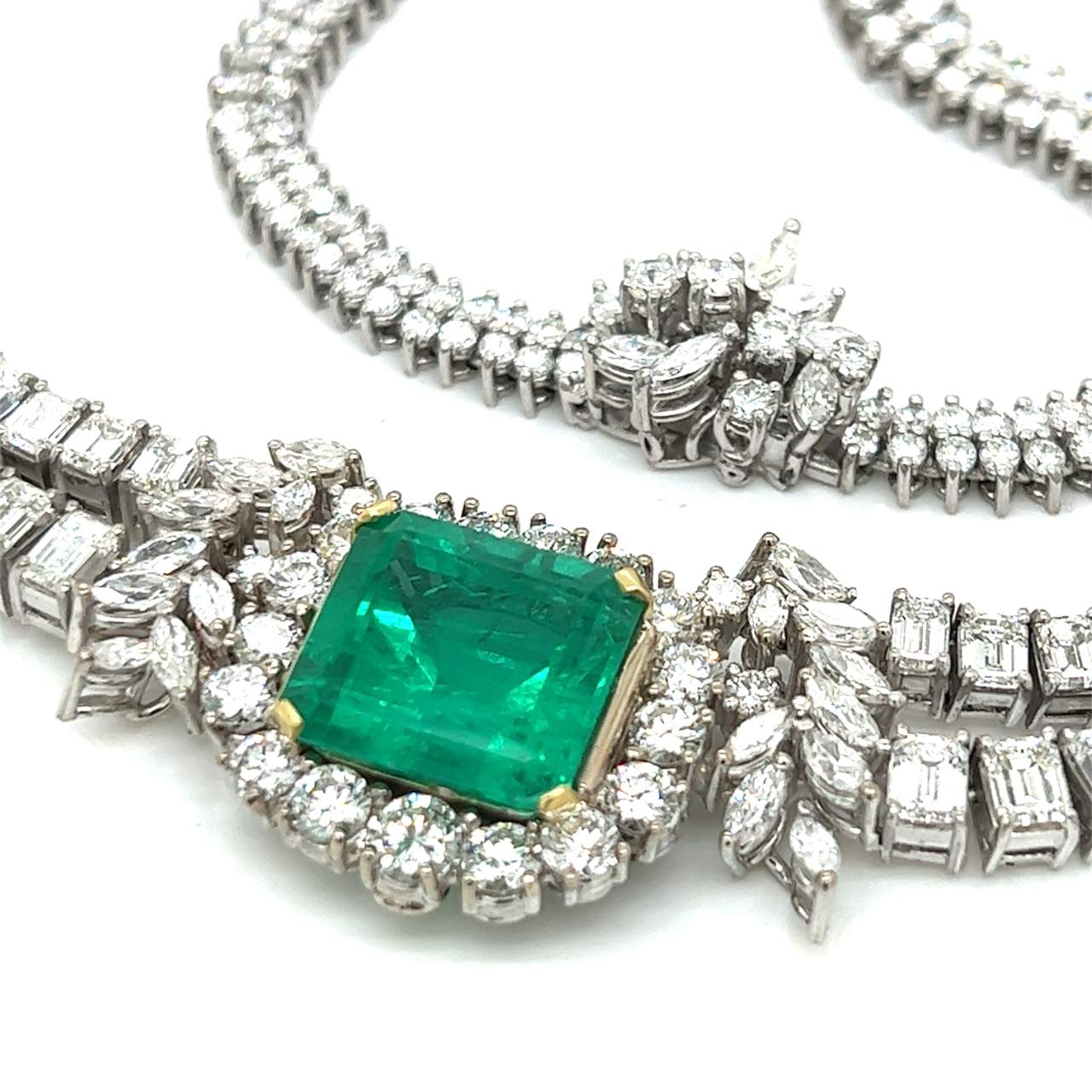 1950’s 18K White Gold Gubelin Certified Colombian Emerald & Diamond Necklace