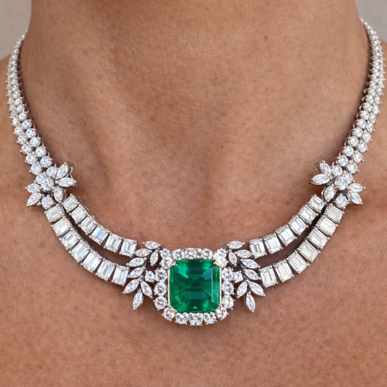 1950’s 18K White Gold Gubelin Certified Colombian Emerald & Diamond Necklace