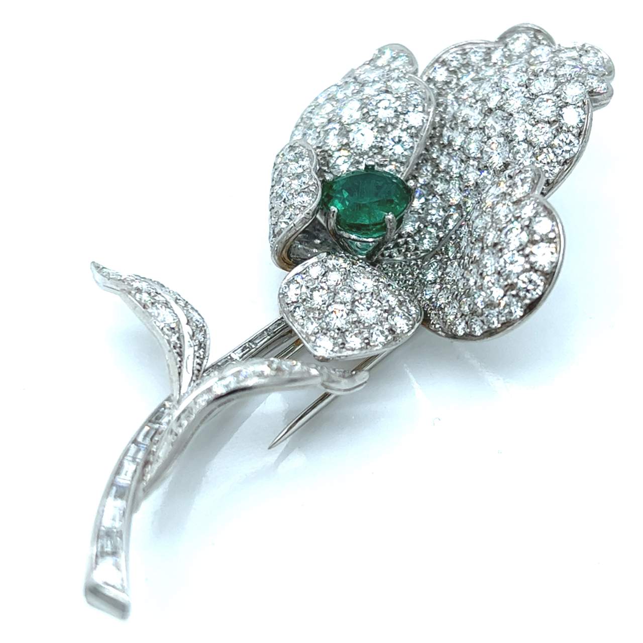 Platinum Emerald & Diamond Flower Brooch