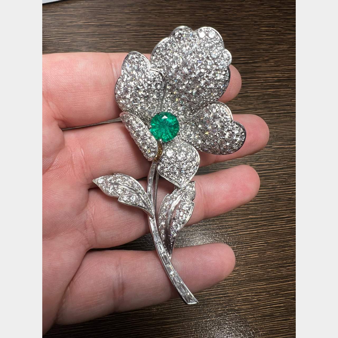 Platinum Emerald & Diamond Flower Brooch