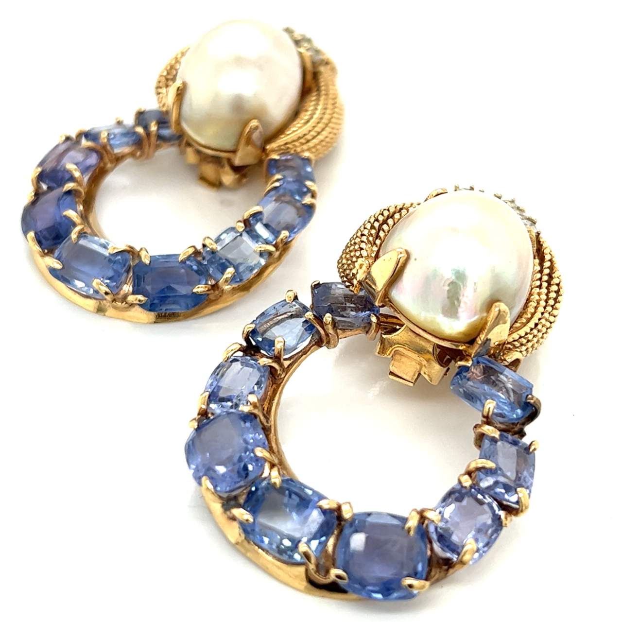 14K Yellow Gold Ceylon No-heat Sapphire and South Sea Pearl Earrings