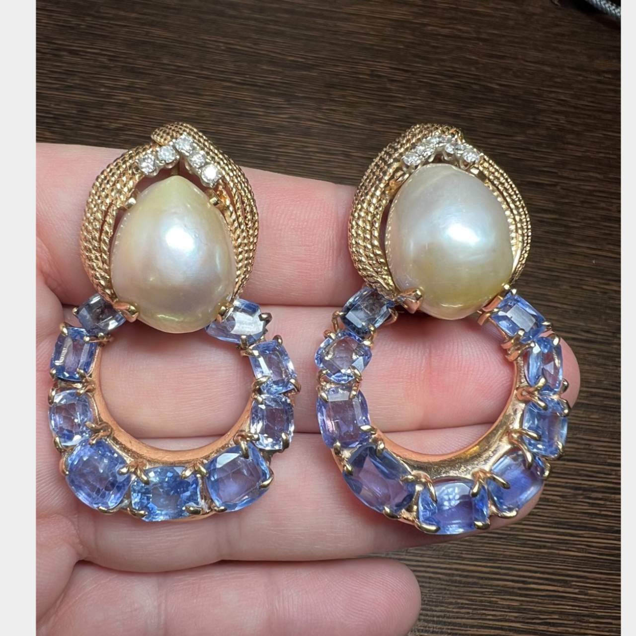14K Yellow Gold Ceylon No-heat Sapphire and South Sea Pearl Earrings