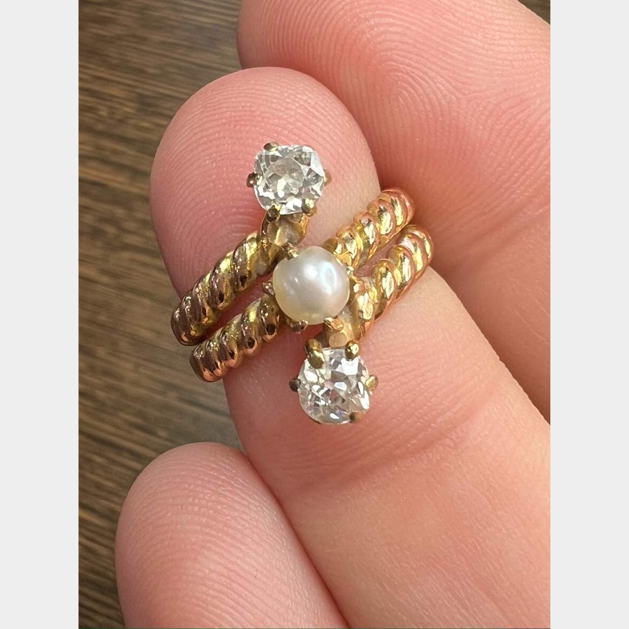 Victorian 18K Yellow Gold Natural Pearl & Diamond Ring