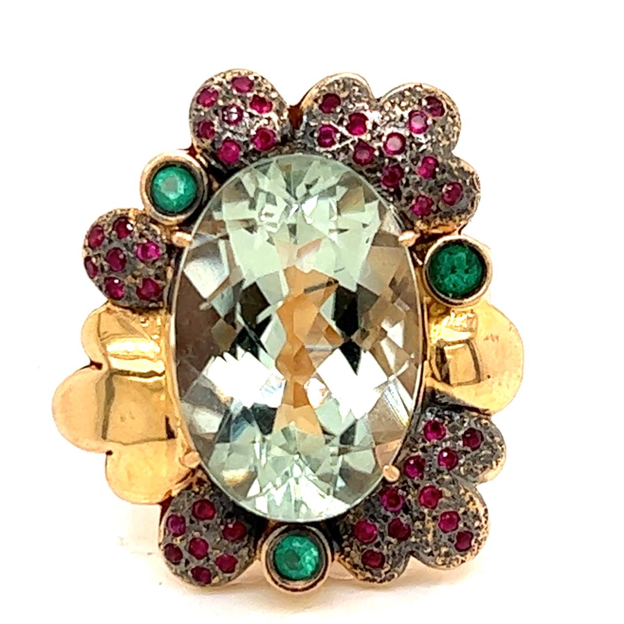 18K Rose Gold GIA Certified Natural Quartz, Ruby, and Emerald Ring