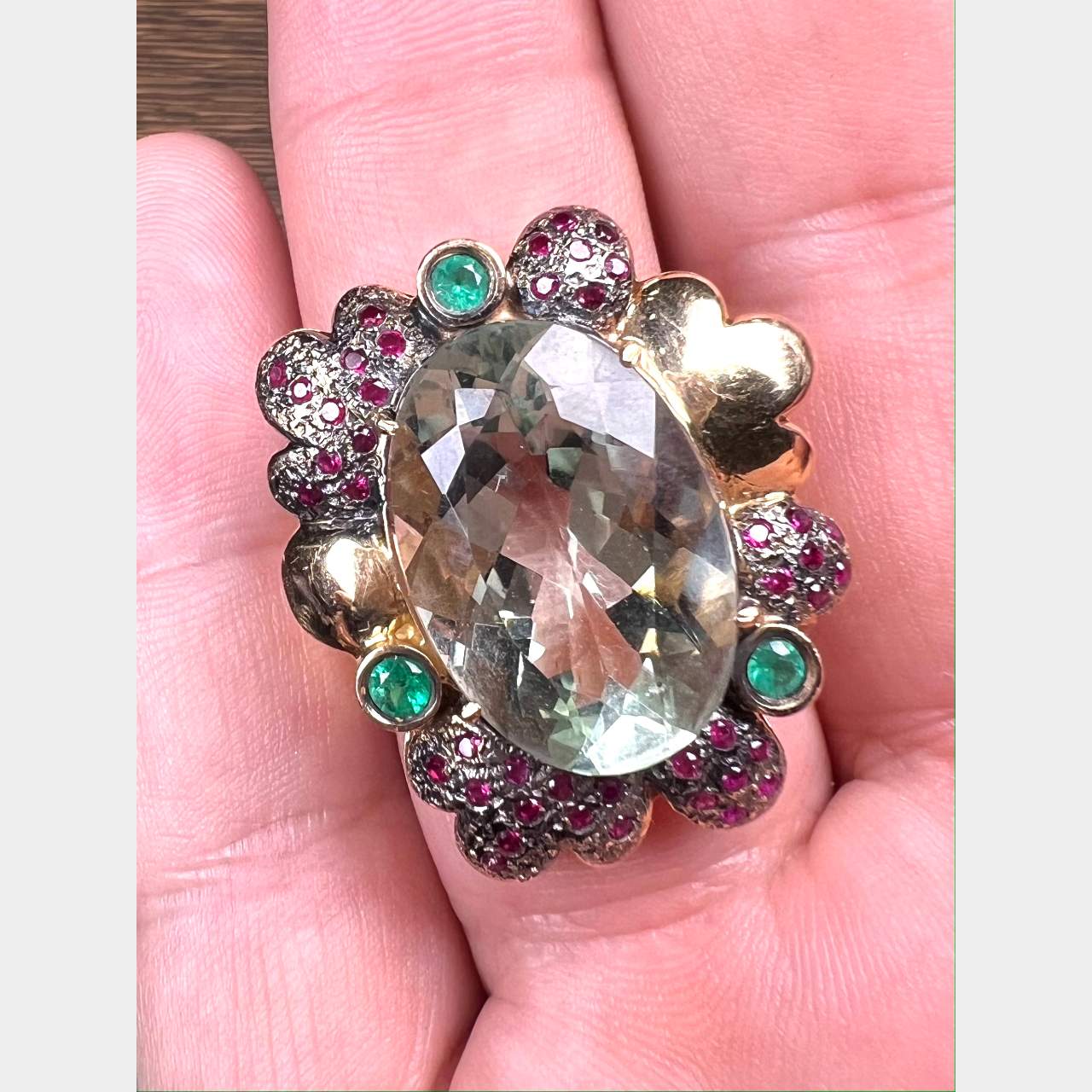 18K Rose Gold GIA Certified Natural Quartz, Ruby, and Emerald Ring