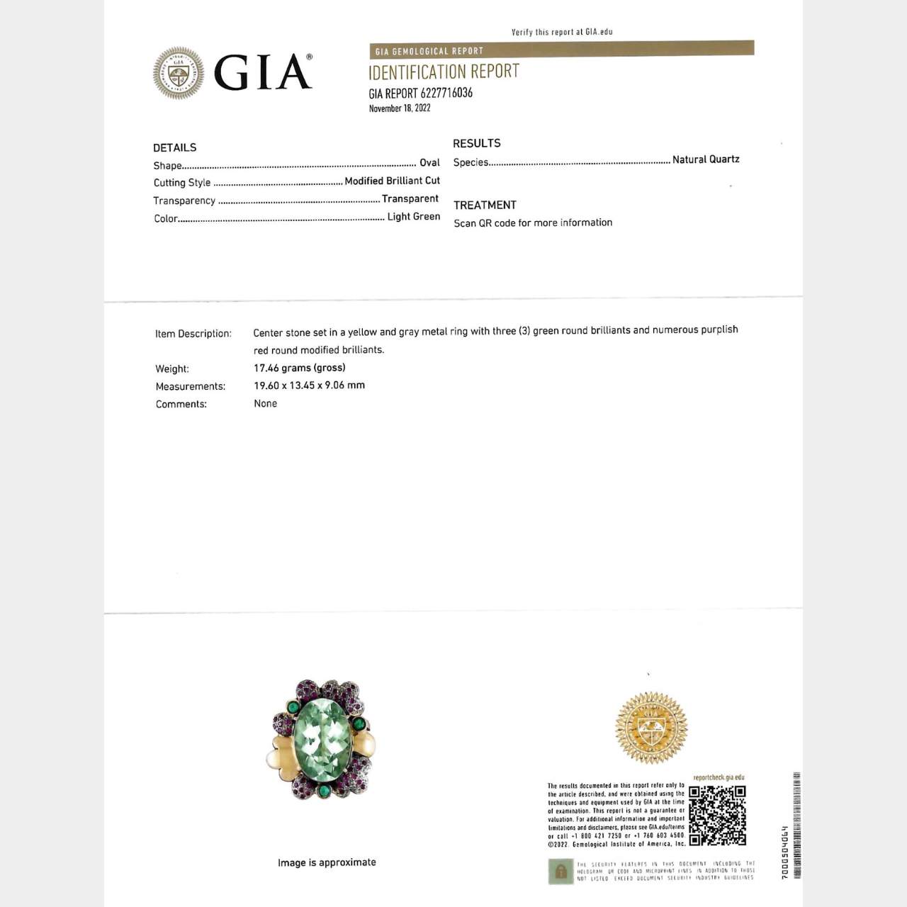 18K Rose Gold GIA Certified Natural Quartz, Ruby, and Emerald Ring