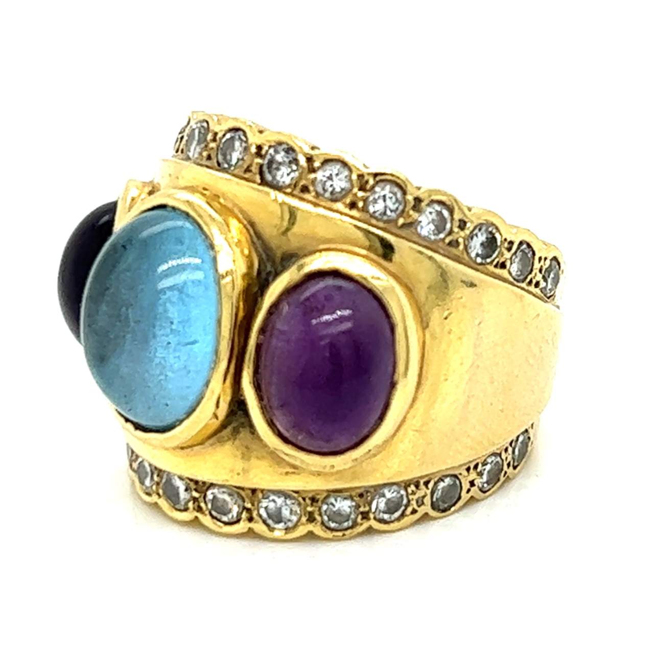 18K Yellow Gold Topaz, Amethyst, and Diamond Ring