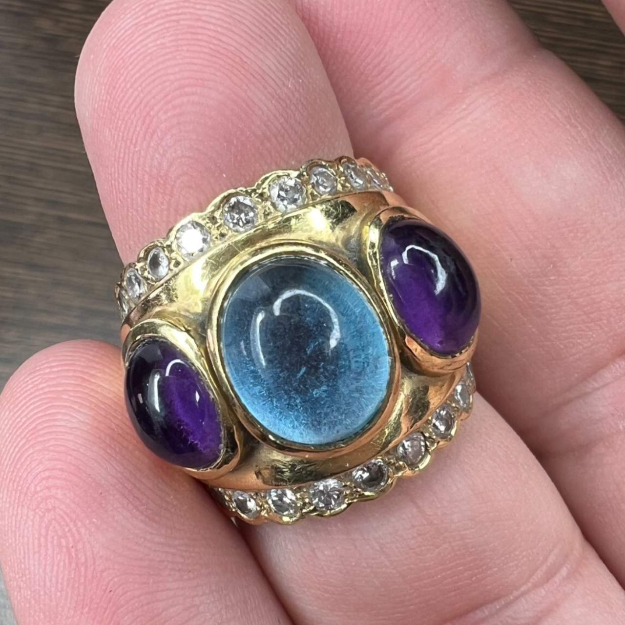 18K Yellow Gold Topaz, Amethyst, and Diamond Ring
