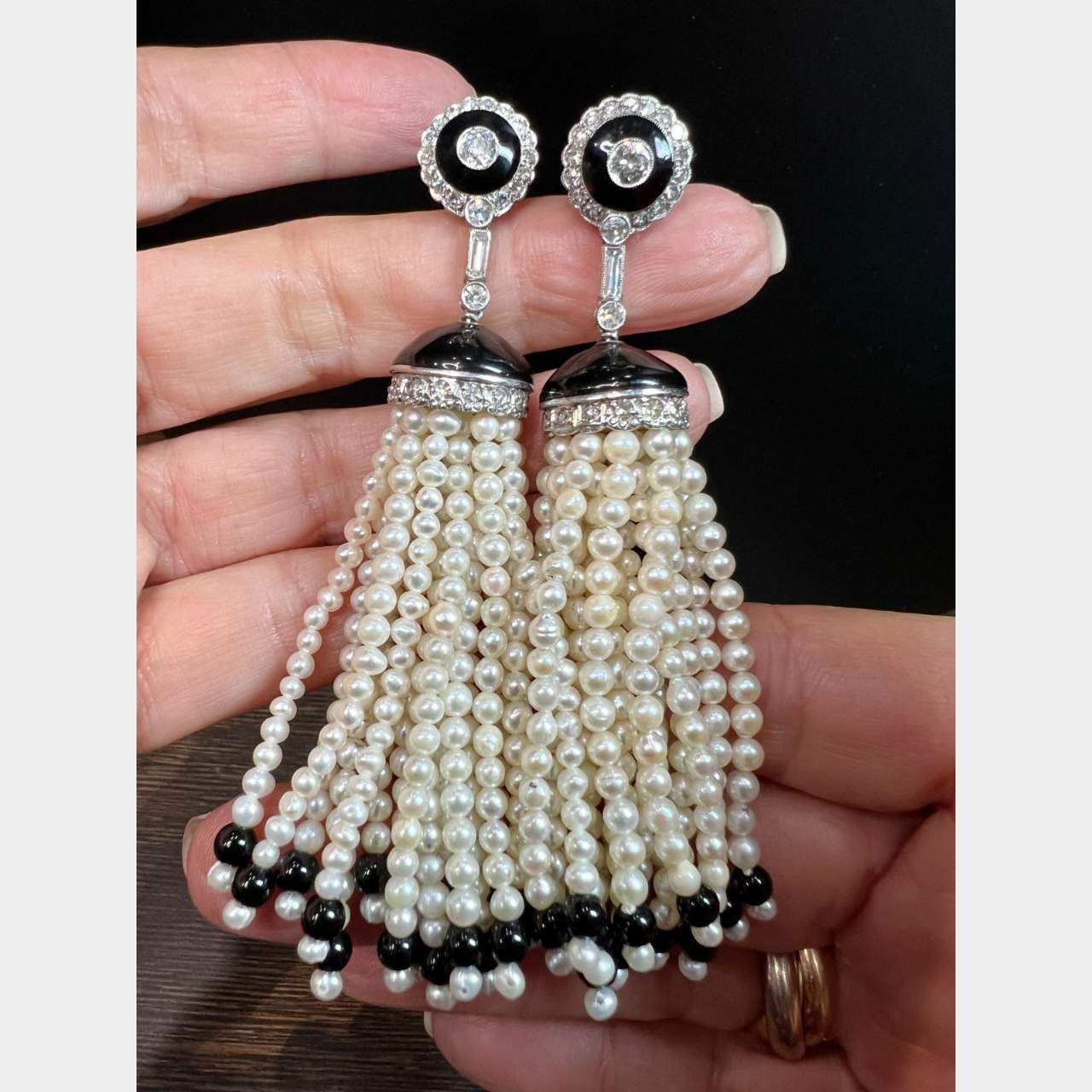 Platinum Diamond, Pearl, and Onyx Earrings
