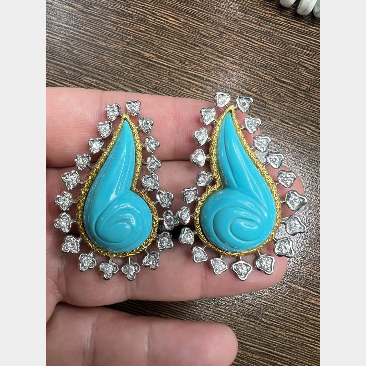 18K Yellow & White Gold Diamond and Turquoise Earrings