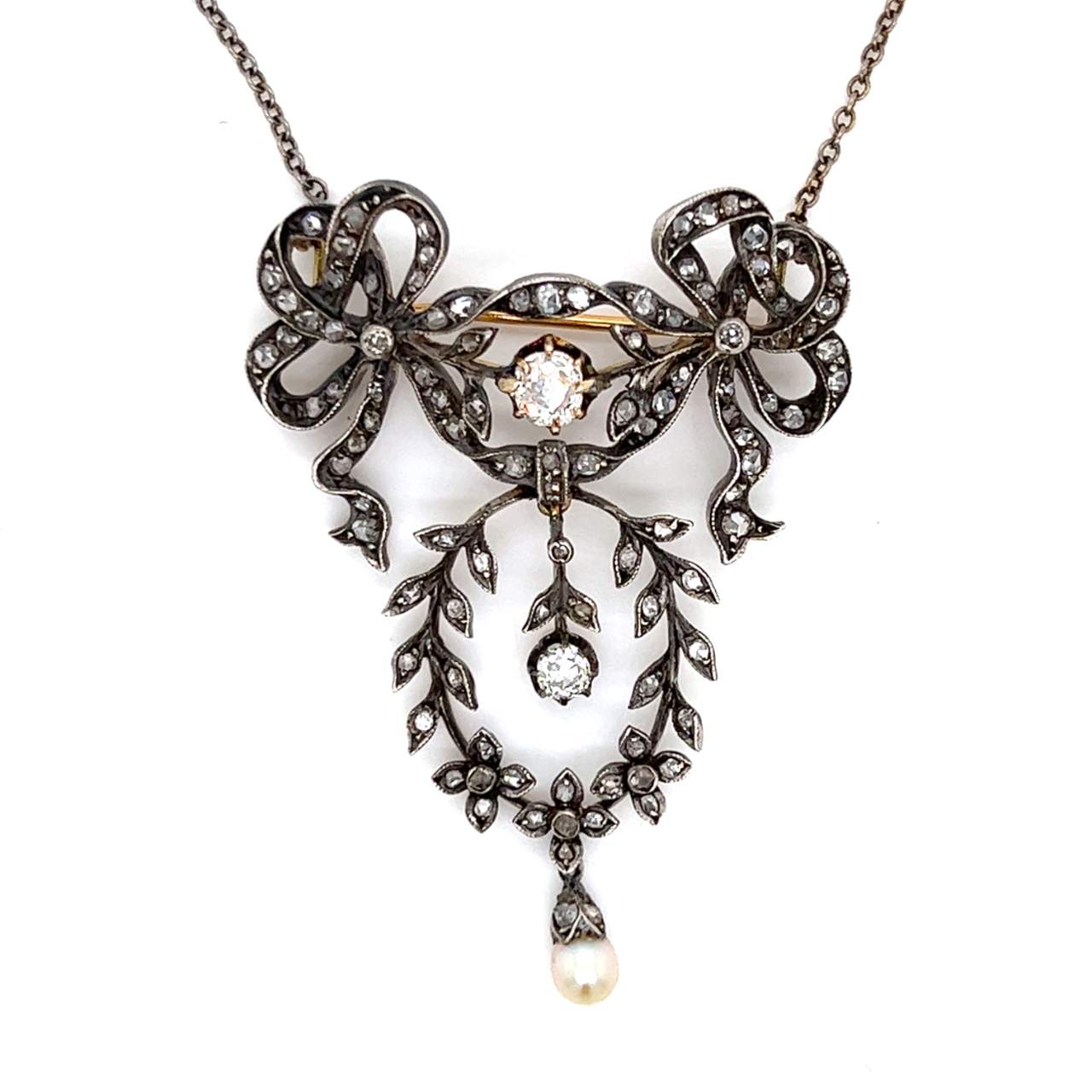 Antique 18K Yellow Gold & Silver Top Natural Pearl and Diamond Necklace