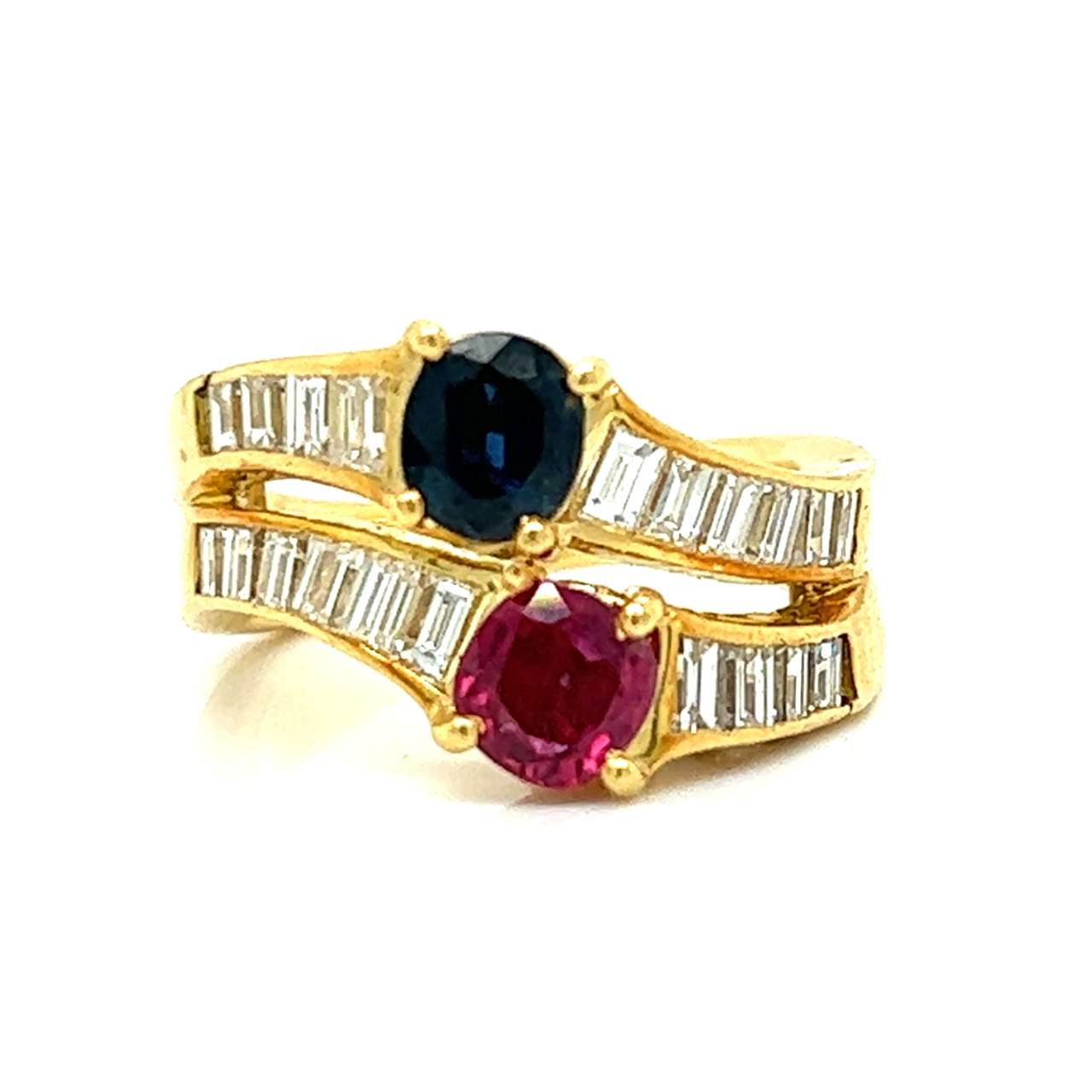 18K Yellow Gold Ruby, Sapphire, & Diamond Ring
