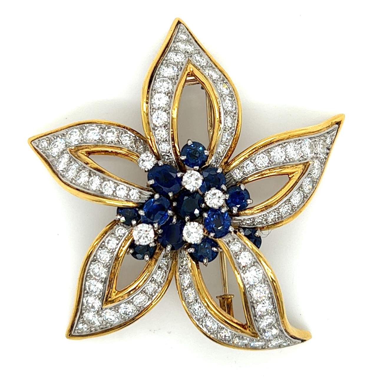 FABERGE PARIS 18K Yellow Gold Diamond & No-heat Burma Sapphire Flower Brooch