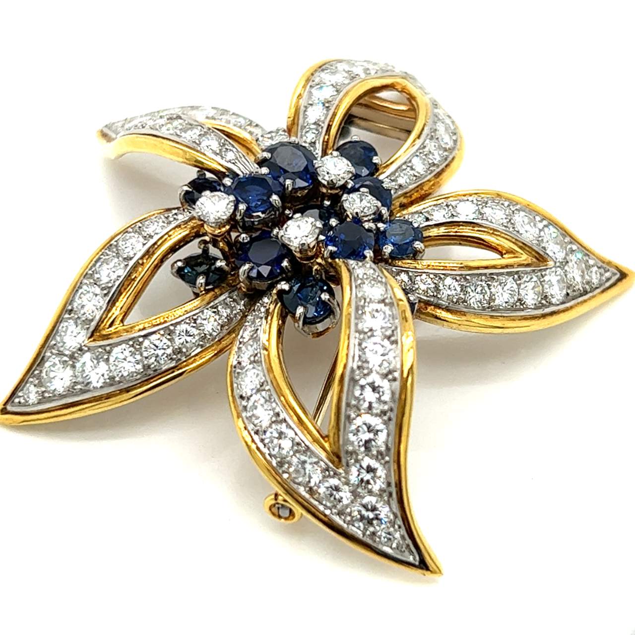 FABERGE PARIS 18K Yellow Gold Diamond & No-heat Burma Sapphire Flower Brooch