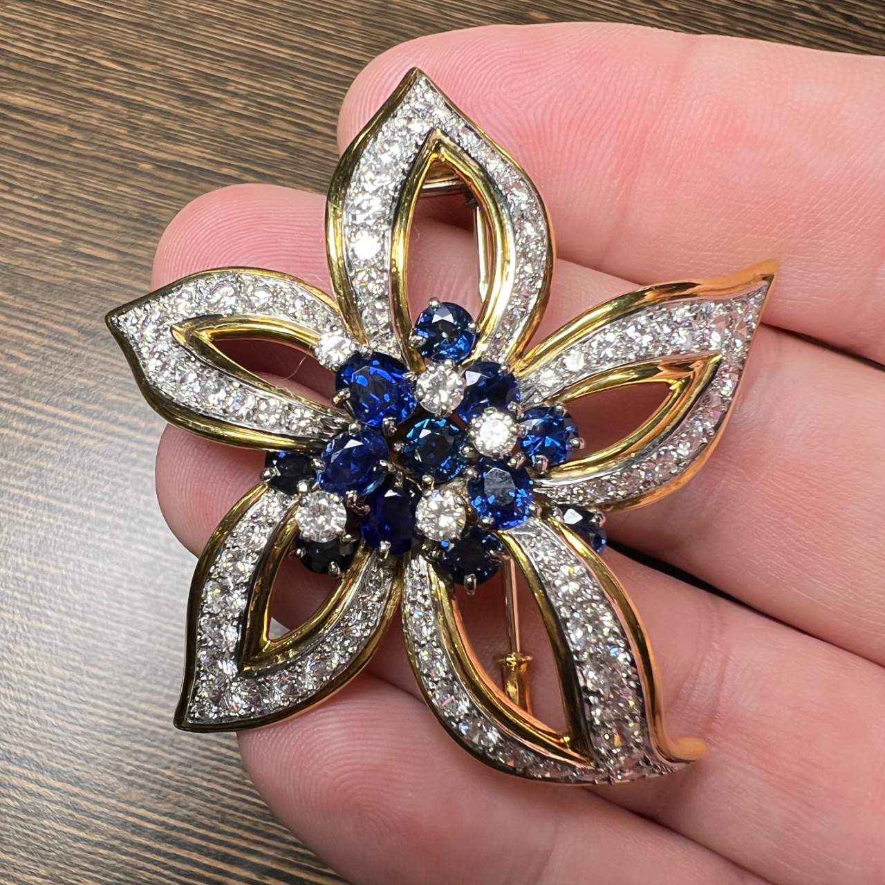 FABERGE PARIS 18K Yellow Gold Diamond & No-heat Burma Sapphire Flower Brooch